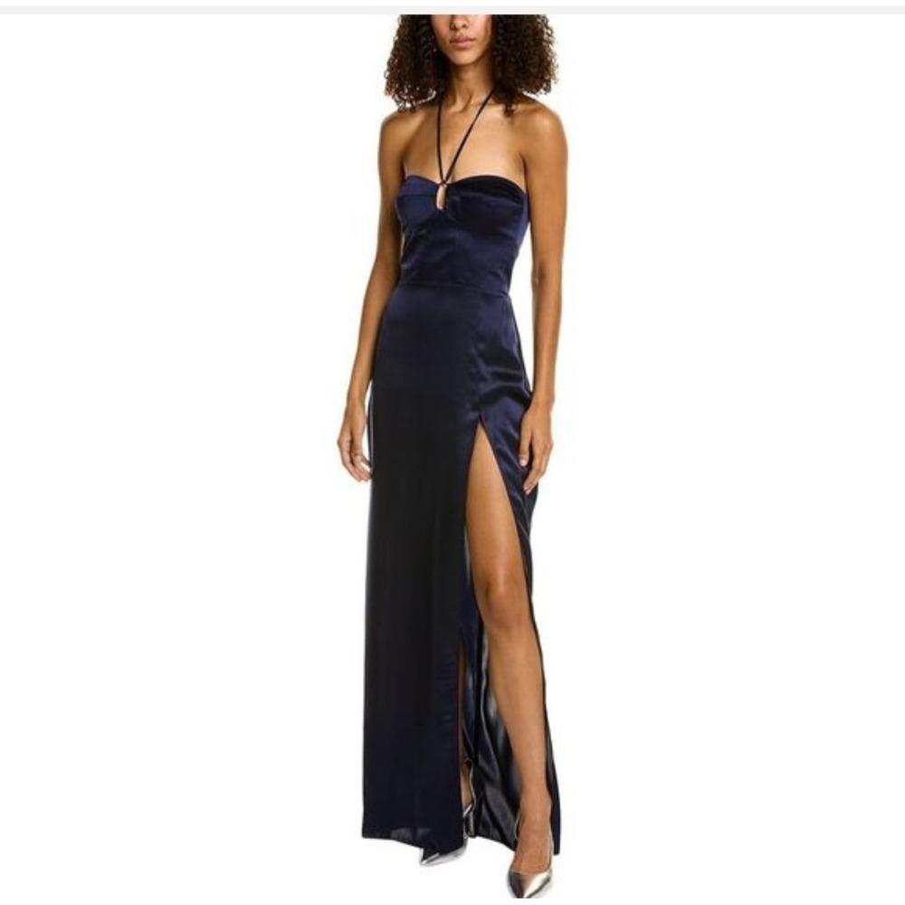 Amanda Uprichard Charmaine Navy Blue Silk Halter Maxi Gown Dress Size M NWT